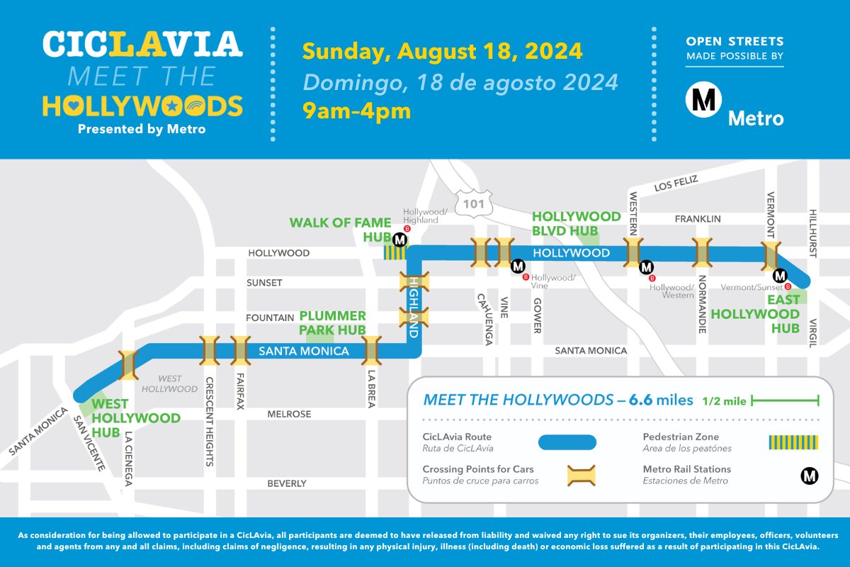 Metro presents CicLAVIA meet the Hollywoods today Aug 18 9am-4pm
