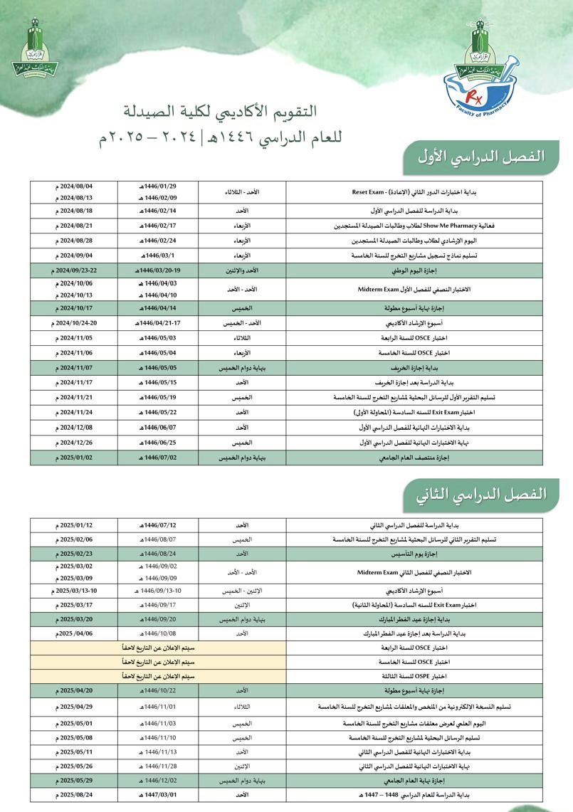 التقويم الاكاديمي لكلية الصيدلة - للعام الدراسي ١٤٤٦ هـ