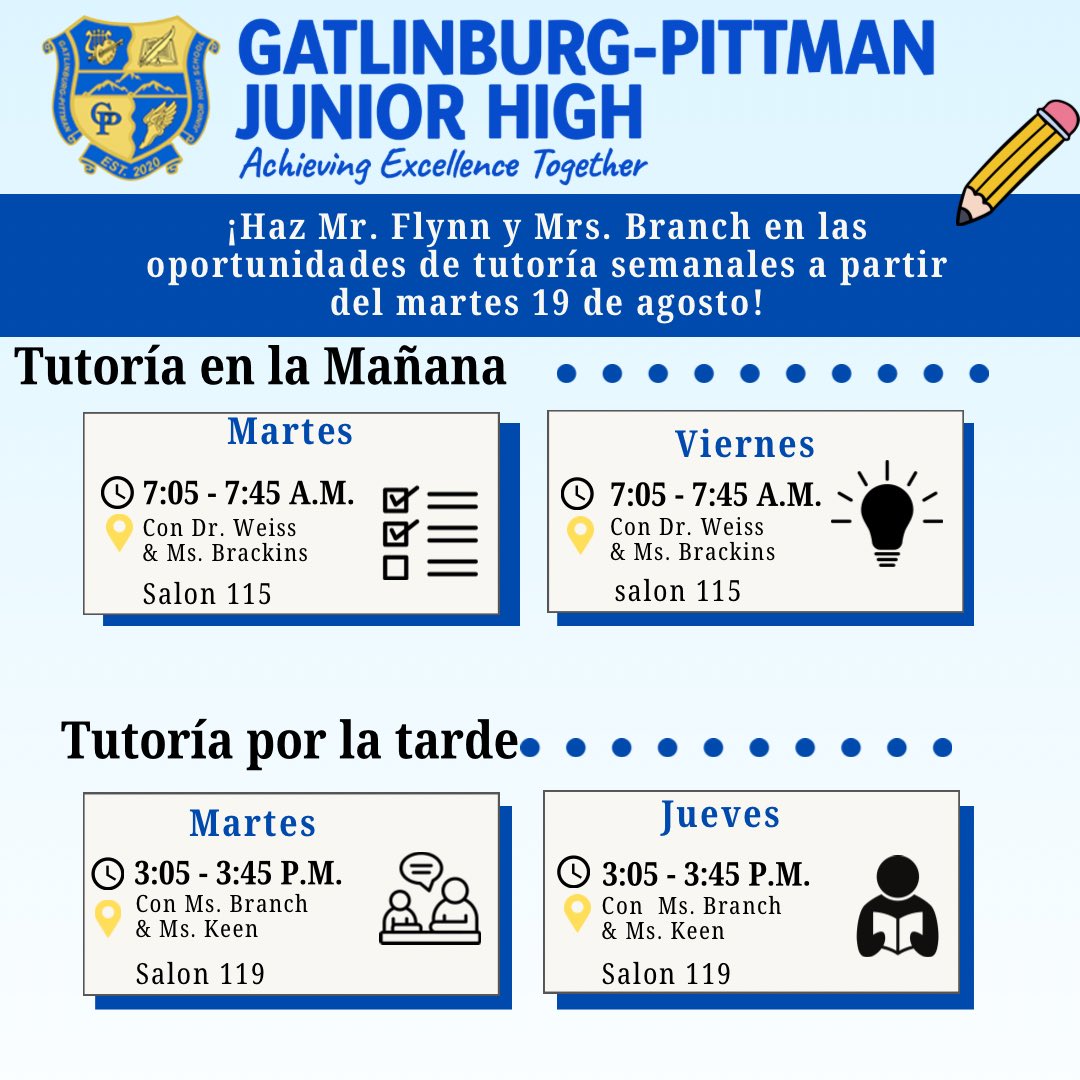 Tutoring opportunities begin this week! 
——
Tuesday and Friday Mornings:
🕖 7:05-7:45 am
📍 Room 115 - Mr. Flynn’s Room
👩🏻‍🏫 Dr. Weiss and Ms. Brackins

Tuesday and Thursday Afternoons: 
🕖 3:05-3:45pm
📍 Room 119 - Ms. Branch’s Room
👩🏻‍🏫 Ms. Branch and Ms. Keen
