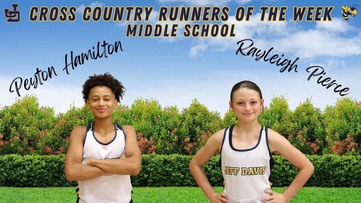 Jeff Davis XC (@jeffdavis_xc) on Twitter photo Each week the Jeff Davis Cross Country program will recognize the Runners of the Week for both the MS and HS teams throughout the 2024 season.
For this week the Runners of the Week are
HS Boy - Erick Trejo
HS Girl - Avery Haley
MS Boy - Peyton Hamilton
MS Girl - Rayleigh Pierce Each week the Jeff Davis Cross Country program will recognize the Runners of the Week for both the MS and HS teams throughout the 2024 season.
For this week the Runners of the Week are
HS Boy - Erick Trejo
HS Girl - Avery Haley
MS Boy - Peyton Hamilton
MS Girl - Rayleigh Pierce