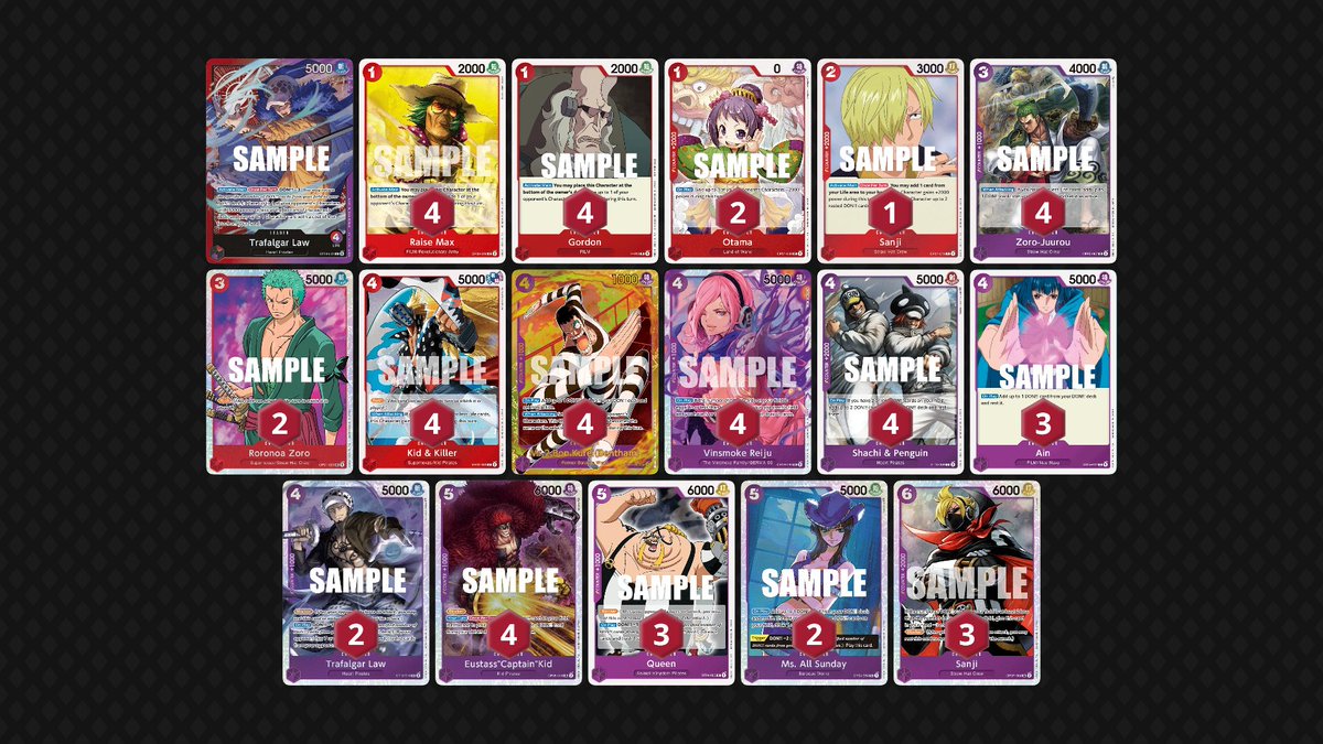 Lost the win&amp;in for top16 in TC today. Finished 7-3 and 52° facing very skilled opponents. Still happy with the result and the overall 36-14 in big events playing Law.
R1: Doffy✅
R2: Doffy✅
R3: Law✅
R4: Reiju✅
R5: Law❌
R6: Law✅
R7: Lucci❌
R8: Enel✅
R9: Nami✅
R10: Nami❌