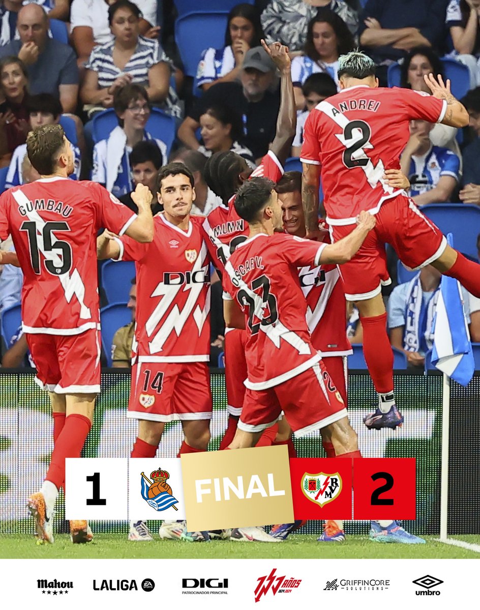 Rayo Vallecano (@rayovallecano) on Twitter photo ⚡️ ¡¡¡FINAAAAAL DEL PARTIDO EN EL REALE ARENA!!!
➕3⃣ en un gran partido con goles de <a href="/Jorge_deFrutosS/">Jorge De Frutos</a> (66'), <a href="/9Camello/">Sergio camello 9</a> (83') y de Zubimendi ('97).
👏 ¡Gracias por el apoyo a los rayistas desplazados a San Sebastián y buen regreso a casa!
#RealSociedadRayo #VamosRayo ⚡️ ¡¡¡FINAAAAAL DEL PARTIDO EN EL REALE ARENA!!!
➕3⃣ en un gran partido con goles de <a href="/Jorge_deFrutosS/">Jorge De Frutos</a> (66'), <a href="/9Camello/">Sergio camello 9</a> (83') y de Zubimendi ('97).
👏 ¡Gracias por el apoyo a los rayistas desplazados a San Sebastián y buen regreso a casa!
#RealSociedadRayo #VamosRayo