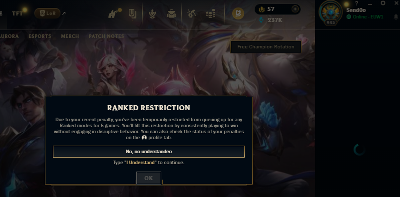 Send0o's tweet photo. 13 años sin llevarme un ban, todos los días aguanto a subnormales deseando cancer por la putisima cara o quedandose afk en arbustos despues de la 3ra muerte sin ni siquiera comerse chat restricts.

Y aquí estoy yo tanqueandome un ban de 2 semanas y aceptando que a la minima infraccion (que quiza sea tambien injusta) por morir muchas veces haciendo splitpush literalmente me metan un permaban.