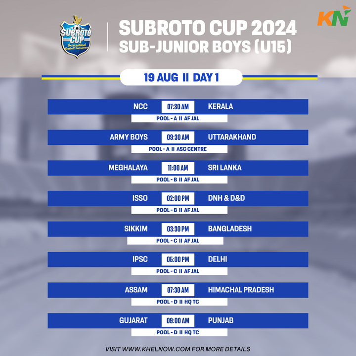 KhelNow's tweet photo. The Subroto Cup Sub-Junior Boys U15 tournament kicks off today 🔥
Here's a look at today's matches 👀
#IndianFootball #subrotocup2024 #subjunior #U15 https://t.co/oFAf3mItRN