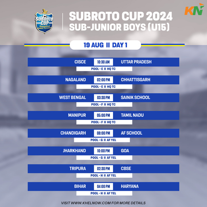 KhelNow's tweet photo. The Subroto Cup Sub-Junior Boys U15 tournament kicks off today 🔥
Here's a look at today's matches 👀
#IndianFootball #subrotocup2024 #subjunior #U15 https://t.co/oFAf3mItRN