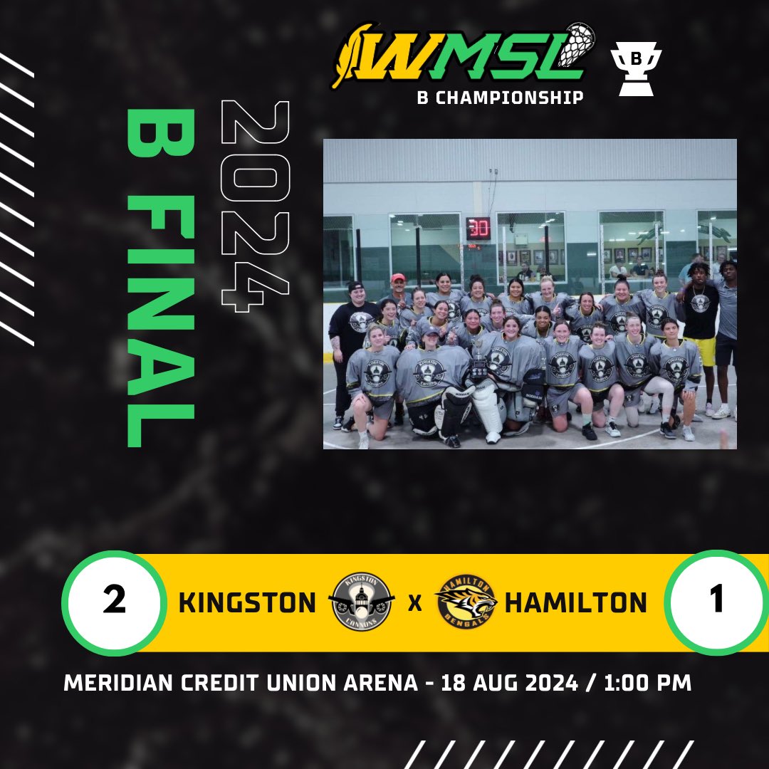 Kingston is your B Champs!!!!!

Congratulations to the Kingston Cannons! The final was a hard fought game but the Cannons but their mark when it counted. 

Hamilton played a great game we hope to see them in another final next year. 

Replay on Major Series Lacrosse YouTube