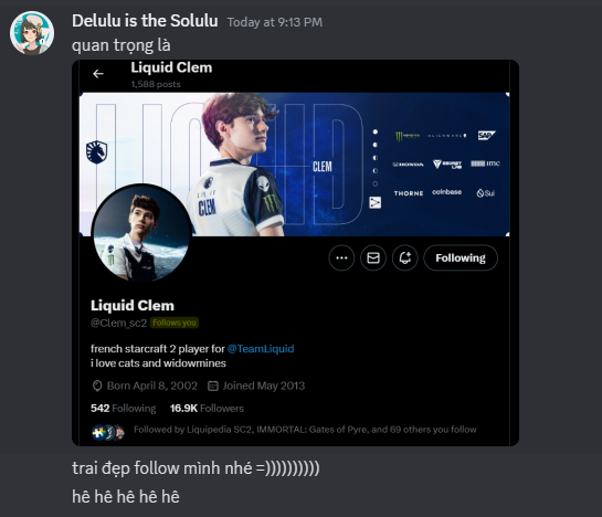 .<a href="/SC2_NinjaToss/">Harnie Le</a> is already flexing on discord that clem follows her lmao