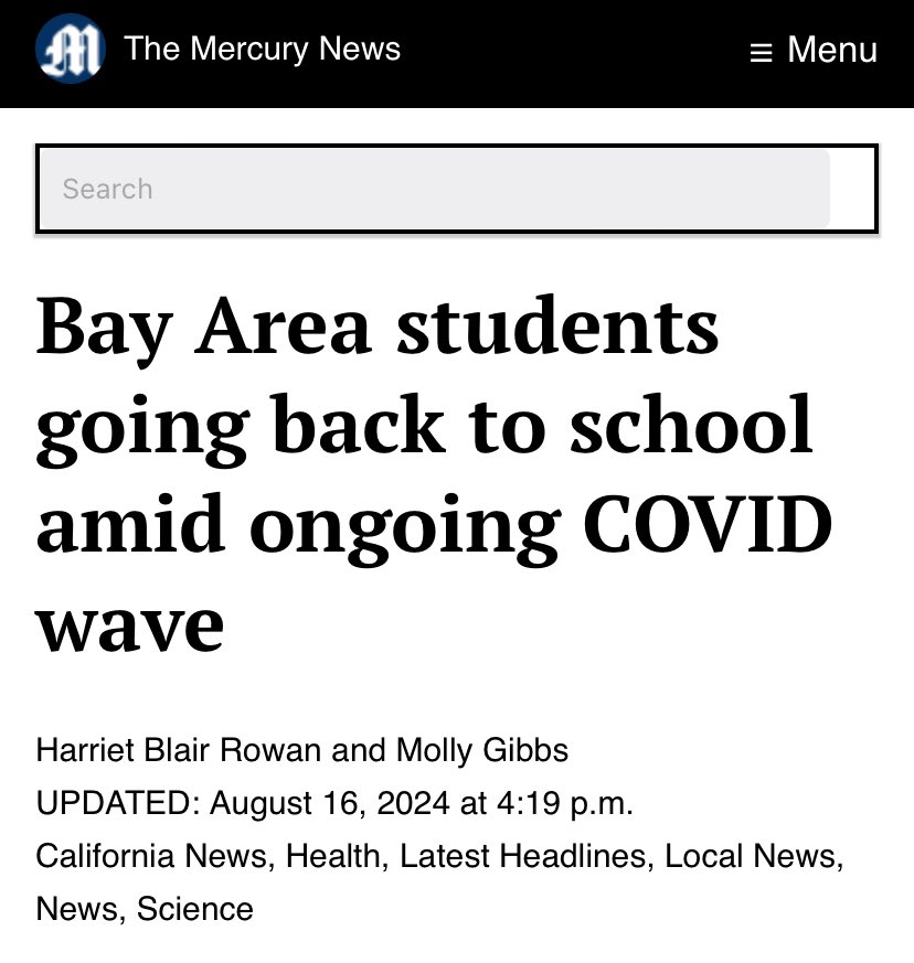 Mercury News: Bay Area students going back to school amid ongoing COVID waveHarriet Blair Rowan and Molly GibbsUPDATED: August 16, 2024 at 4:19 p.m.