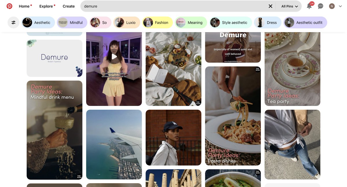 novatrades797's tweet photo. I aped $demure because I saw pick me girls posting stories about the trend on ig irl,
what countless hours spent on social media tell me is -
-when pick me girls start doing something, 
-beta larps popularise it by giving them the attention, 
-soon after betas the trend hits the normies.

Still v early for the potential it has given how strong the trend will be.

Quick search on Pinterest shows the vast amount of new content getting pumped out, 
Pinterest is where they all pick up their content and ideas from.
You will be looking at this content sometime soon on your tiktoks and reels.