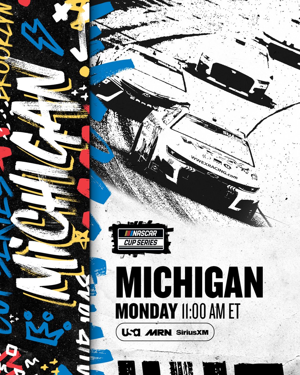 NASCAR's tweet photo. NEWS: The remainder of the #FireKeepersCasino400 at @MISpeedway has been postponed to Monday at 11 a.m. ET on @USANetwork, @MRNRadio and @SiriusXMNASCAR Radio. https://t.co/2PcrVGH1Xx