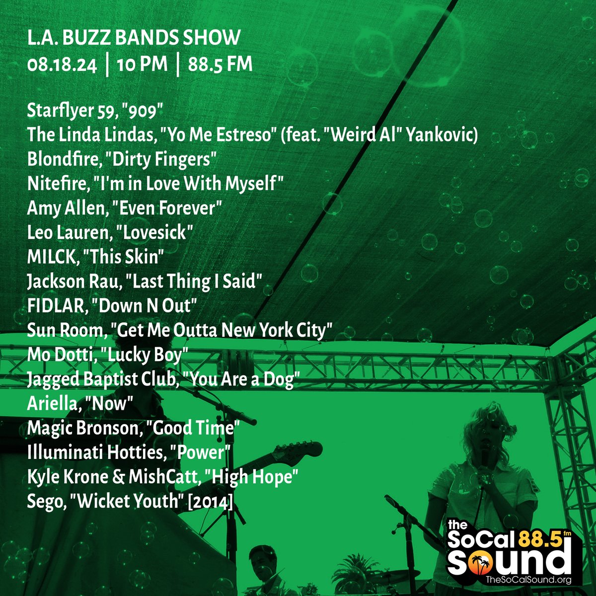 Coming at 10PM: <a href="/buzzbandsla/">Buzz Bands LA</a> Show on 88.5 FM <a href="/TheSoCalSound/">The SoCal Sound</a>, ft. Nitefire, Blondfire, The Linda Lindas, Starflyer 59, MILCK, Sun Room, FIDLAR, Leo Lauren, Mo Dotti, Jackson Rau, Jagged Baptist Club, Ariella and more ... Tune in!  bit.ly/4ds1AEj