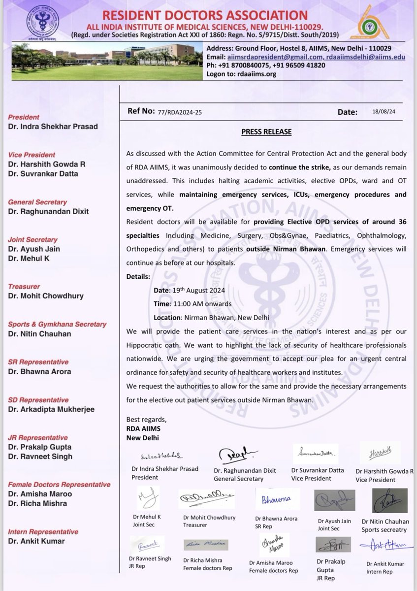 RDAAIIMS DELHI (@aiimsrda) on Twitter photo PRESS RELEASE
RDA AIIMS
NEW DELHI
<a href="/MoHFW_INDIA/">Ministry of Health</a> <a href="/HMOIndia/">गृहमंत्री कार्यालय, HMO India</a> <a href="/PMOIndia/">PMO India</a> PRESS RELEASE
RDA AIIMS
NEW DELHI
<a href="/MoHFW_INDIA/">Ministry of Health</a> <a href="/HMOIndia/">गृहमंत्री कार्यालय, HMO India</a> <a href="/PMOIndia/">PMO India</a>