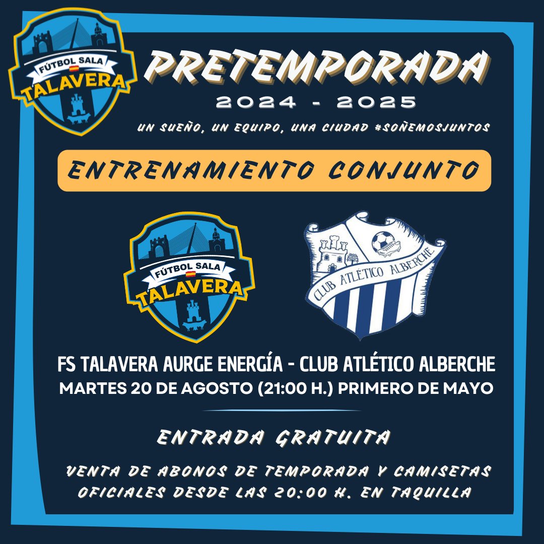 Este martes 2⃣0⃣ DE AGOSTO recibimos la visita de nuestros amigos del <a href="/FS_Alberche/">Club Atlético Alberche</a> en sesión de entrenamiento compartido desde 2⃣1⃣:0⃣0⃣ en el PRIMERO DE MAYO. La Entrada es GRATUITA 🎟️🎟️🎟️ y desde las 2⃣0⃣:0⃣0⃣ abrimos taquilla para adquirir abonos 🪪🪪🪪 y merchandising 👕👕👕.