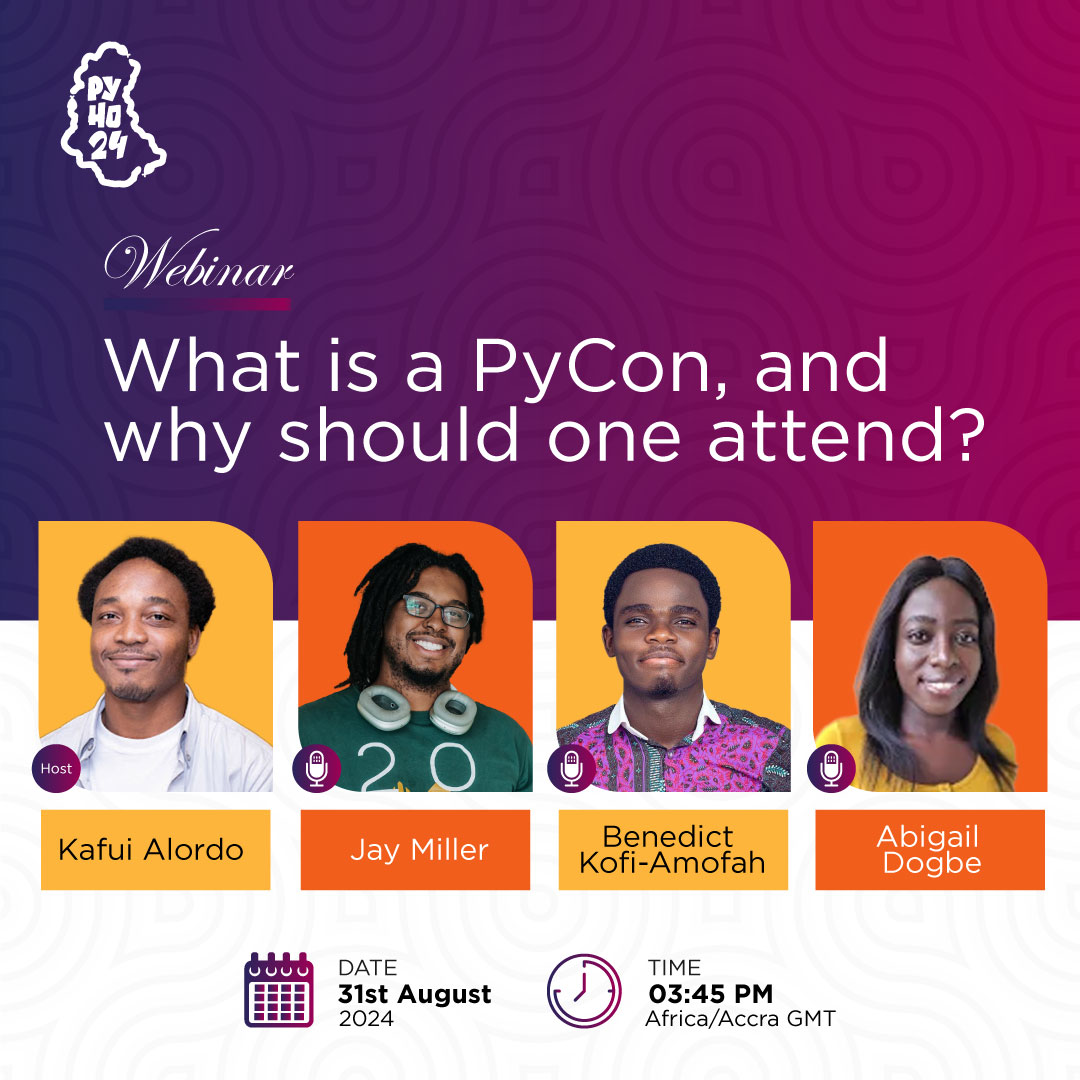 New to Python conferences? Want to know what to expect at #PyHo24?

<a href="/Kafui4k/">Kafui Alordo</a>, <a href="/kjaymiller/">Jay Miller</a>, @iamdreamo, and <a href="/MesrenyameDogbe/">Abigail</a> will provide insights on how to maximize your PyCon experience - the ideal primer for newcomers or experienced attendees

tinyurl.com/pyho-24-webina…