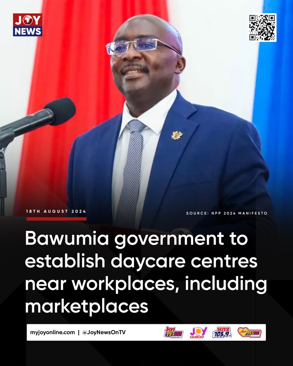 JoyNewsOnTV's tweet photo. Bawumia government to establish daycare centres near workplaces, including marketplaces.

#ElectionHQ https://t.co/PTmQdFbgot