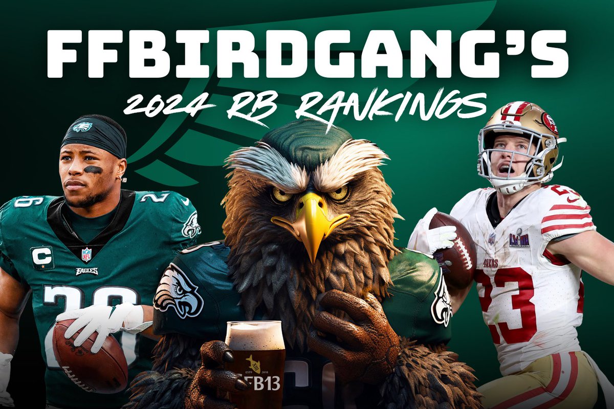 FFBirdGang's tweet image. 2024 Running Backs 🏃‍♂️🏆

In celebration of my first #Redraft league kicking off tonight at 7 PM, here’s a massive post about the RB position.

Post Includes:

📊 Top 50 RB Rankings
📈 RB Values at ADP
📉 RB Fades at ADP

1. Christian McCaffrey
-
2. Breece Hall
3. Saquon Barkley