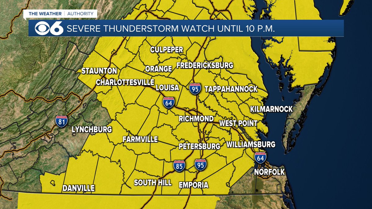 A Severe T-storm Watch is in effect for all of central Virginia until 10PM. Localized flooding, strong wind gusts &amp; some large hail are all possible. Stay aware of rapidly changing weather conditions! <a href="/CBS6/">WTVR CBS 6 Richmond</a>