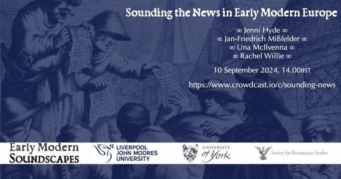 Soundscapes in the Early Modern World (@emsoundscapes) on Twitter photo Our next research seminar is on September 10, 14.00-15.00BST. Join <a href="/wallyberry/">Dr Jenni Hyde, @wallyberry.bsky.social</a> <a href="/UnaMcIlvenna/">Dr Una McIlvenna 💀🎶</a> & Jan-Friedrich Mißfelder as they discuss “Sounding the News in Early Modern Europe” emsoundscapes.co.uk/sounding-the-n… Our next research seminar is on September 10, 14.00-15.00BST. Join <a href="/wallyberry/">Dr Jenni Hyde, @wallyberry.bsky.social</a> <a href="/UnaMcIlvenna/">Dr Una McIlvenna 💀🎶</a> & Jan-Friedrich Mißfelder as they discuss “Sounding the News in Early Modern Europe” emsoundscapes.co.uk/sounding-the-n…