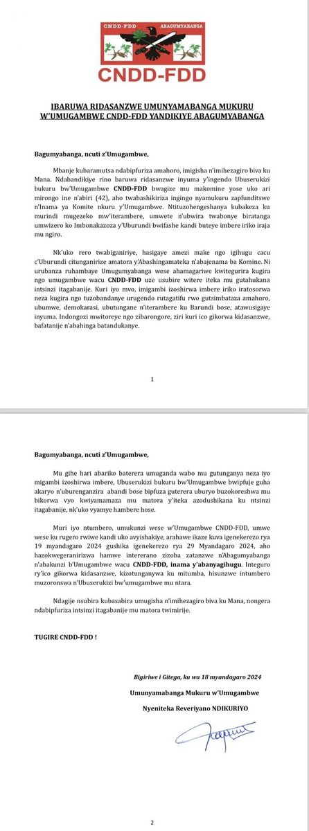 IntumwaNews's tweet image. Communication du Secrétaire Général du @CnddFdd Très Honorable @R_Ndikuriyo #Burundi #CnddFdd2025