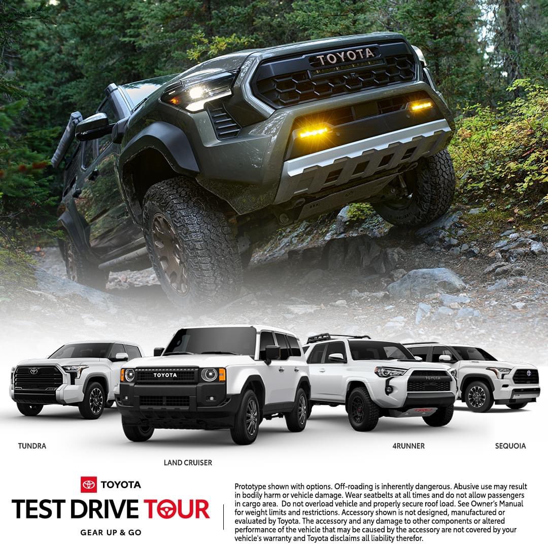 AdamsToyota1's tweet photo. 🚗🏔️ Get ready for the Toyota Test Drive Tour from Aug 27-31! Experience the thrill of Toyota’s newest trucks and SUVs. 🚙✨
On Aug 30, 3-6pm, enjoy complimentary treats from local food truck! 
Don’t miss out on this golden opportunity! 
#Toyota #ToyotaTacoma #ToyotaLandCruiser https://t.co/COqbuNq6lE