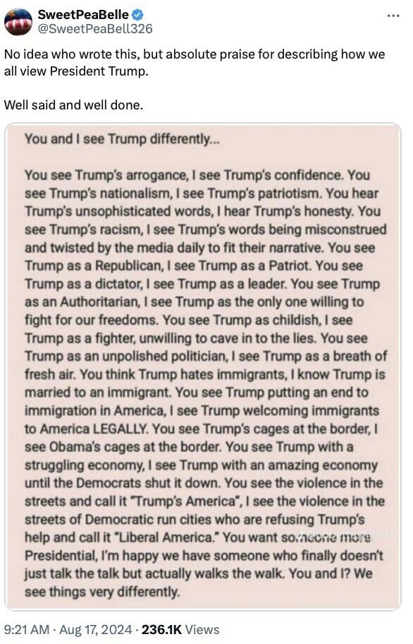 Donald Trump Truth Social 03:49 PM EST 08/18/24 <a href="/realDonaldTrump/">Donald J. Trump</a>