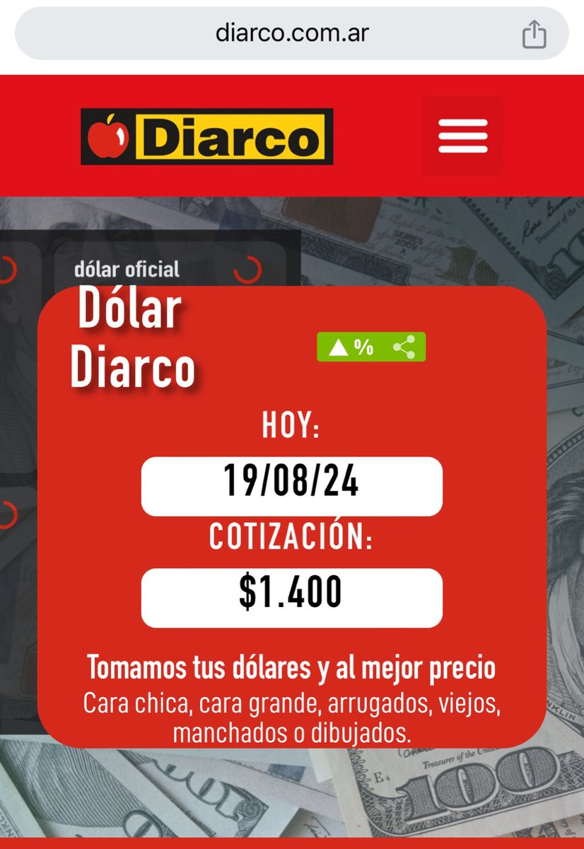 Atención. Diarco comienza a recibir dólares como medio de pago y los recibe a $1.400, sean cara chica, estén arrugados, viejos, manchados o dibujados. El blanqueo pinta que va a salir muy pero muy bien con la frutillita del postre que va a ser la competencia de monedas.