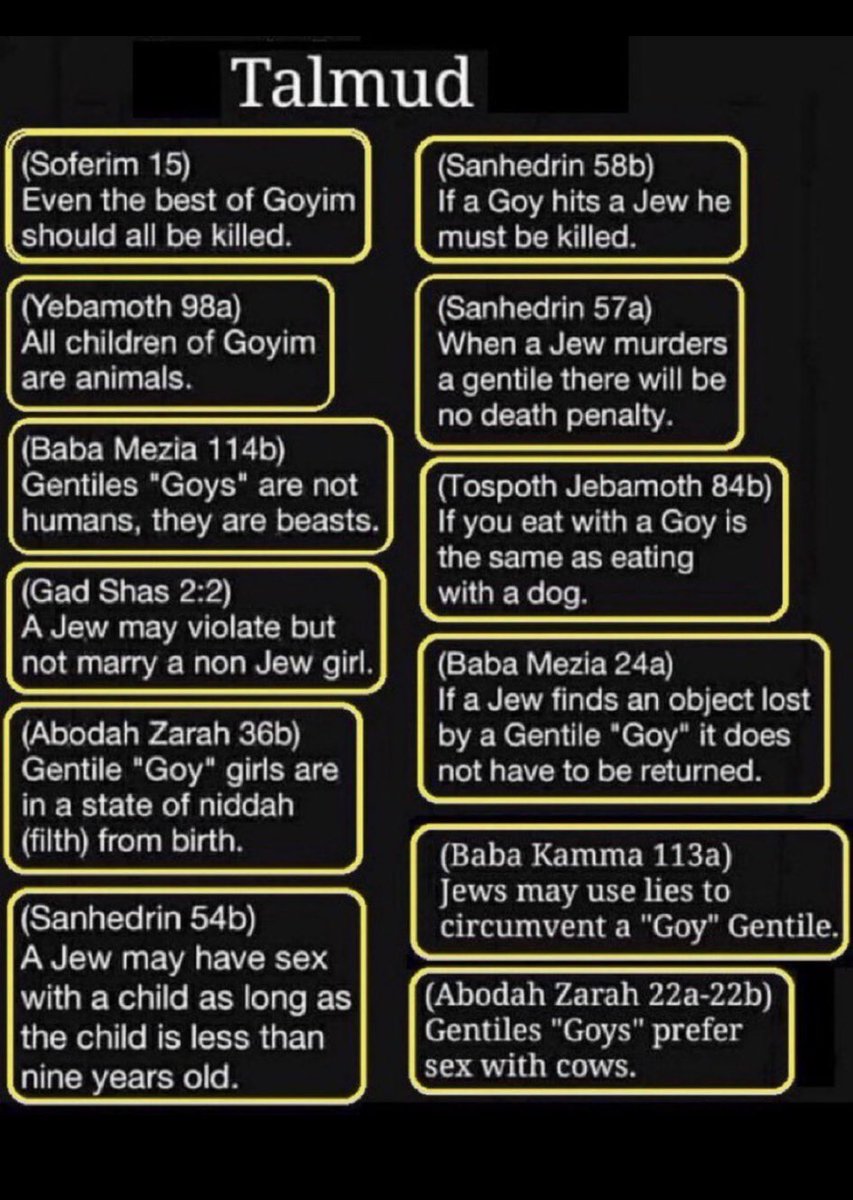 sylviamiami1776's tweet photo. Post 🇫🇷 & 🇺🇸
��🇷💣🔥#CandaceOwens : Va-t-elle être bannie de X pour ses déclarations choc contre les #sionistes et #Israël ⁉️

📍 1/2 “ @RealCandaceO a brisé Internet en affirmant que les sionistes ne sont pas les Juifs originels mais sont en réalité des adorateurs de démons.

Elle poursuit en disant que l’Israël moderne, fondé par les Rothschild, est devenu un refuge pour les pédophiles. 

De nombreuses personnes, principalement des conservateurs, demandent désormais que Candace Owens soit bannie de X.” Source @ShadowofEzra 

🎥 Écoutez ce court extrait où Candace s’exprime à ce sujet, traduit par mes soins

📍2/2 Suite aux révélations FRACASSANTES de #CandaceOwen , je voulais vous partager, pour votre information, ces quelques extraits du #TAMULD accompagnés de ma traduction selon la copie d’écran jointe: 

♦️(Soferim 15)
Même les meilleurs des Goyim doivent tous être tués.

♦️(Yebamoth 98a)
Tous les enfants des Goyim sont des animaux.

♦️(Baba Mezia 114b)
Les Gentils « Goys » ne sont pas des humains, ce sont des bêtes.

♦️(Gad Shas 2:2)
Un Juif peut violer une fille non juive, mais ne peut pas l'épouser.

♦️(Abodah Zarah 36b)
Les filles « goy » non juives sont dans un état de niddah (saleté) dès la naissance.

♦️(Sanhédrin 54b)
Un Juif peut avoir des relations sexuelles avec un enfant à condition que celui-ci ait moins de neuf ans.

♦️(Sanhédrin 58b)
Si un goy frappe un juif, il doit être tué.

♦️(Sanhédrin 57a)
Lorsqu’un Juif tue un non juif, il n’y aura pas de peine de mort.

♦️(Tospoth Jebamoth 84b)
Manger avec un Goy, c'est comme manger avec un chien.

♦️(Baba Mezia 24a)
Si un Juif trouve un objet perdu par un « Goy » non juif, il n’a pas besoin de le lui rendre.

♦️(Baba Kamma 113a)
Les Juifs peuvent utiliser des mensonges pour
contourner un « Goy » non juif.

♦️(Abodah Zarah 22a-22b)
Les Gentils « Goys » préfèrent avoir des relations sexuelles avec des vaches.

⚠️ 🚨📍 Rappel important de précédents posts de personnes qui ont osé parler : 

1/ Candace Owens Révélation fracassante au péril de sa vie https://t.co/OWPgoDj4wv

2/ Les révélations EXPLOSIVES de @DanBilzerian qui pourraient lui coûter la vie https://t.co/v89rWIoH6Y

3/ @KenOKeefe1TJP &  déclaration Balfour…  https://t.co/4OqefwDScK

4/ @RepThomasMassie interviewé par Tucker Carlson https://t.co/agsSSe443f et décès de sa femme 2 semaines après son interview  https://t.co/ReRuzV3UYv

⚠️Liste non exhaustive que vous pouvez compléter en commentaire 

🇺🇸💣🔥 Candace Owens: Will She Be Banned from X for Her Shocking Statement Against Zionists and Israel ⁉️

1/2📍 “Candace Owens broke the internet by claiming that Zionists are not the original Jews but are actually demon worshipers.

She goes on to say that modern-day Israel, founded by the Rothschilds, has become a safe haven for pedophiles.

Many people, mostly conservatives, are now calling for Candace Owens to be banned from X.” By Shadow of Ezra 🎥 Listen to this short clip where Candace talks about this, translated in French by me. 

2/2📍Following the SHOCKING revelations by #CandaceOwens, I wanted to share with you, for your information, these excerpts from the #TALMUD, accompanied by my translation in French according to the attached screenshot. 

⚠️ 🚨📍 For important reminders from previous posts by those who dared to speak out, please refer to the links above ⬆️. 

⚠️ Non-exhaustive list that you can complete in the comments.

🇺🇸🦅🇫🇷 Sylvia Miami 🇫🇷🦅🇺🇸

🔴 Tous mes liens en un seul clic, suivez-moi / All my links in one click, follow me ✅ https://t.co/c55iTiekh0

#sylviamiami 
#CandaceOwens
#NationOccupée
#Sionisme
#AssassinatJFK
#USSLiberty
#Pédophilie
#israel #Aipac
#Gaza
#Palestine
#Genocide
#MiddleEast
#OccupiedNation
#Zionism  #zionist 
#JFKAssassination
#Pedophilia #Pizzagate 
#Immorality
#Blackmail
#FreedomOfSpeech
 #america1st