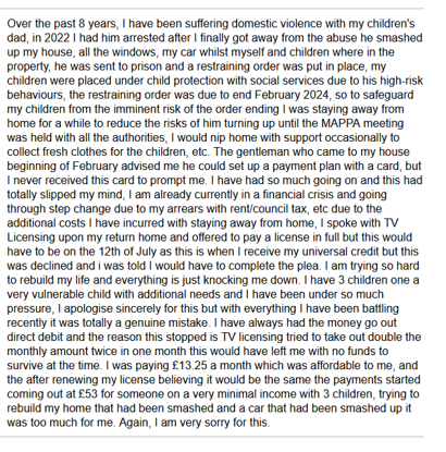 kirkkorner's tweet photo. Woman suffers domestic violence, breaks free

She's then prosecuted over an unpaid TV Licence, while still in fear

Tries to fix it but is told 'too late - enter a plea at court'

TV Licensing likely didn't read the plea

Fix the #SingleJusticeProcedure
https://t.co/7Z9PAlnPWO https://t.co/ugyDTR61BR