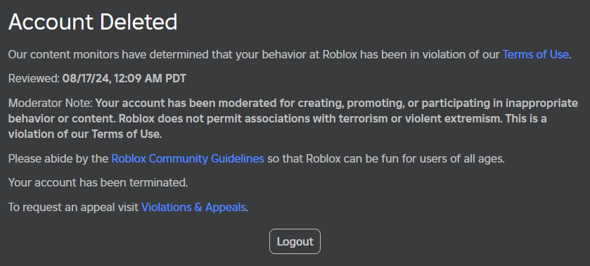 KennyKartoonist's tweet photo. I have just lost my account I've had for nearly 10 years (Megalomental) due to Roblox's worryingly flawed moderation system. @Roblox has NOT provided me with ANY evidence of what I supposedly did to deserve this moderator note and BAN. I HAVE BEEN INACTIVE. I DID NOTHING. https://t.co/w9DlMhAyIQ