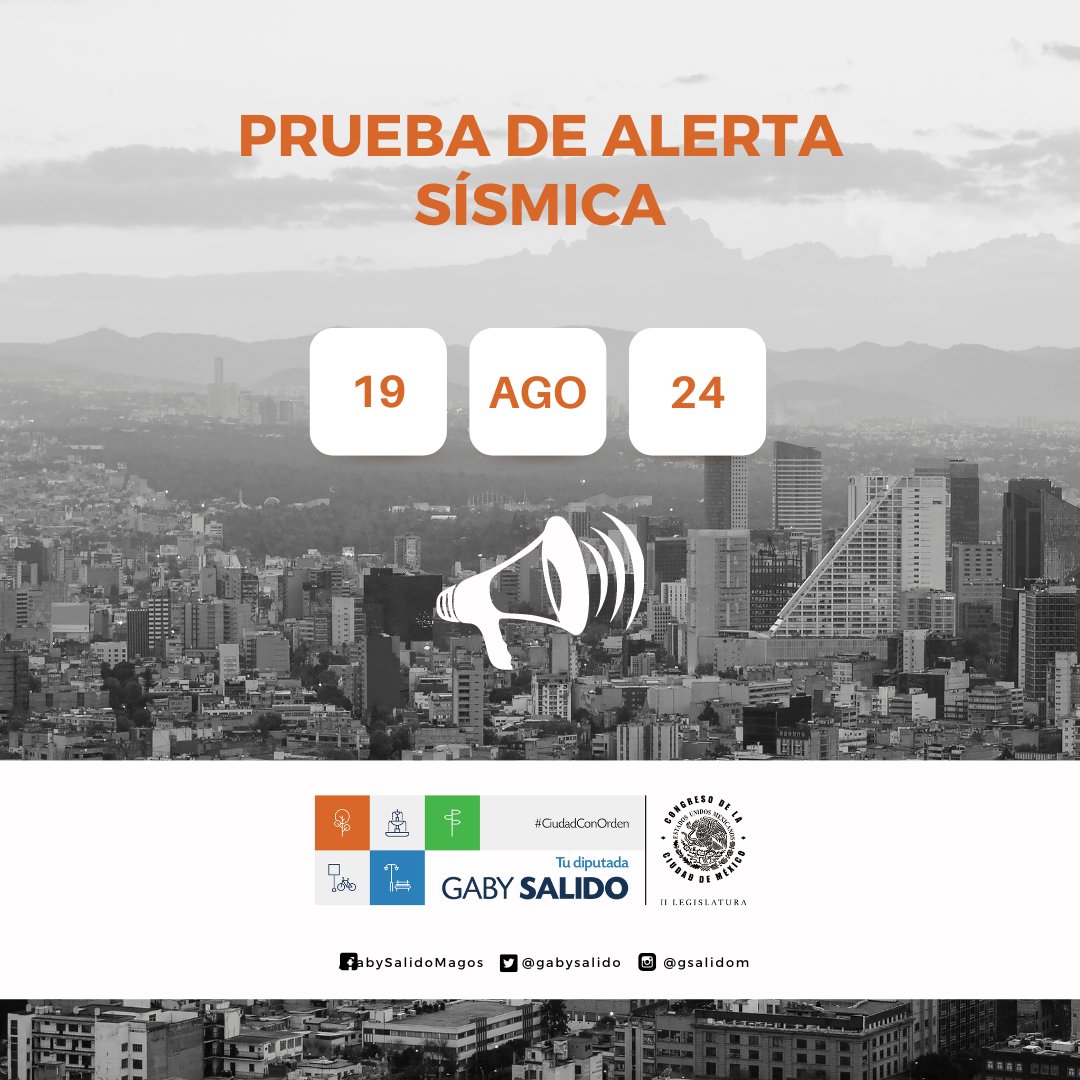 gabysalido's tweet photo. 📢 ¡No te asustes! Este lunes 19 de agosto se harán pruebas de la #AlertaSismica. Los altavoces podrían sonar y llegaría una notificación a los teléfonos celulares. https://t.co/SoU0Z6bINk