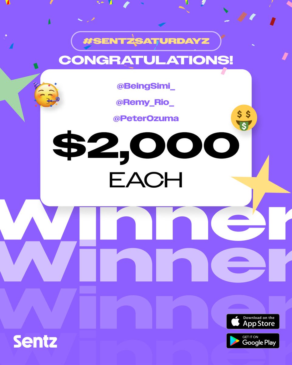 sentzapp_ng's tweet photo. We finally have our winners! Congratulations, you've won $2,000 eUSD each!🎊
To all participants, thank you for joining in! We know it was a long, bumpy ride this #SentzSaturdayz, so we are rewarding randomly chosen participants with a token.
Tag us when you receive extra!💜 https://t.co/2cOp4fzDwn