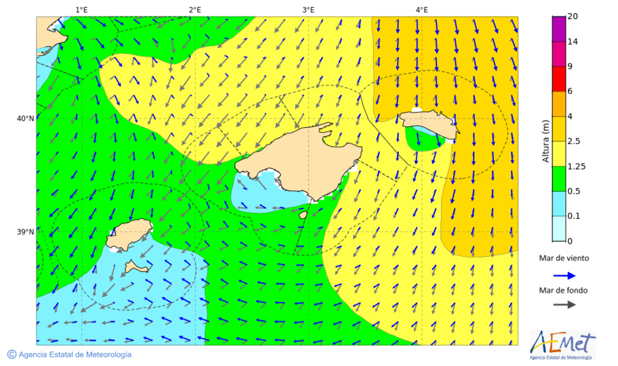 🌊Lunes 19 de agosto en aguas costeras de Baleares.
En Menorca, viento del norte fuerza 5 a 7 y olas de 3 m. En el norte de Mallorca, olas de 2 m.
Algún aguacero.
Situación remitiendo durante la tarde.
⚠️🟡AVISO COSTERO. 

aemet.es/es/eltiempo/pr…