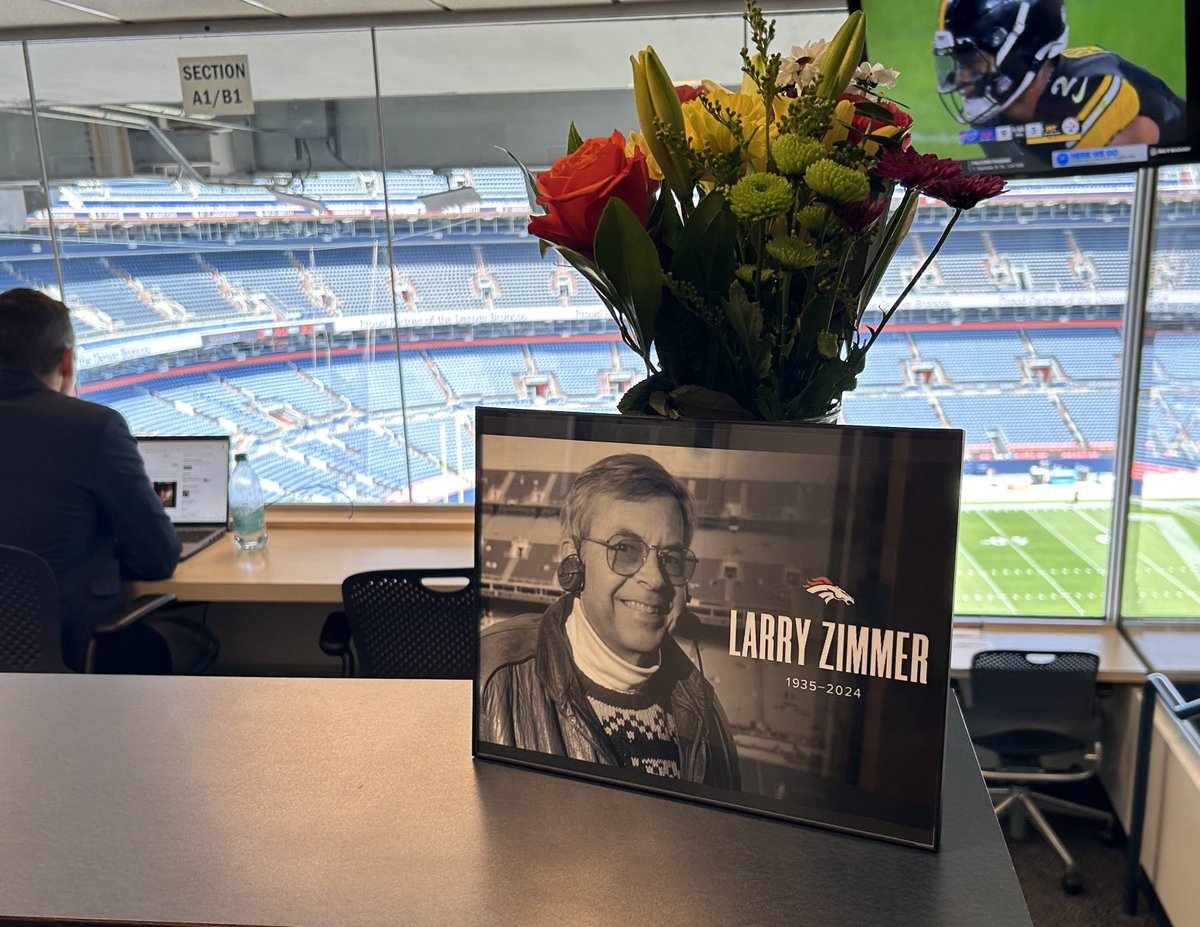 Nice touch. Broncos honor their longtime radio broadcaster Larry Zimmer, who passed away earlier this year. #9sports
