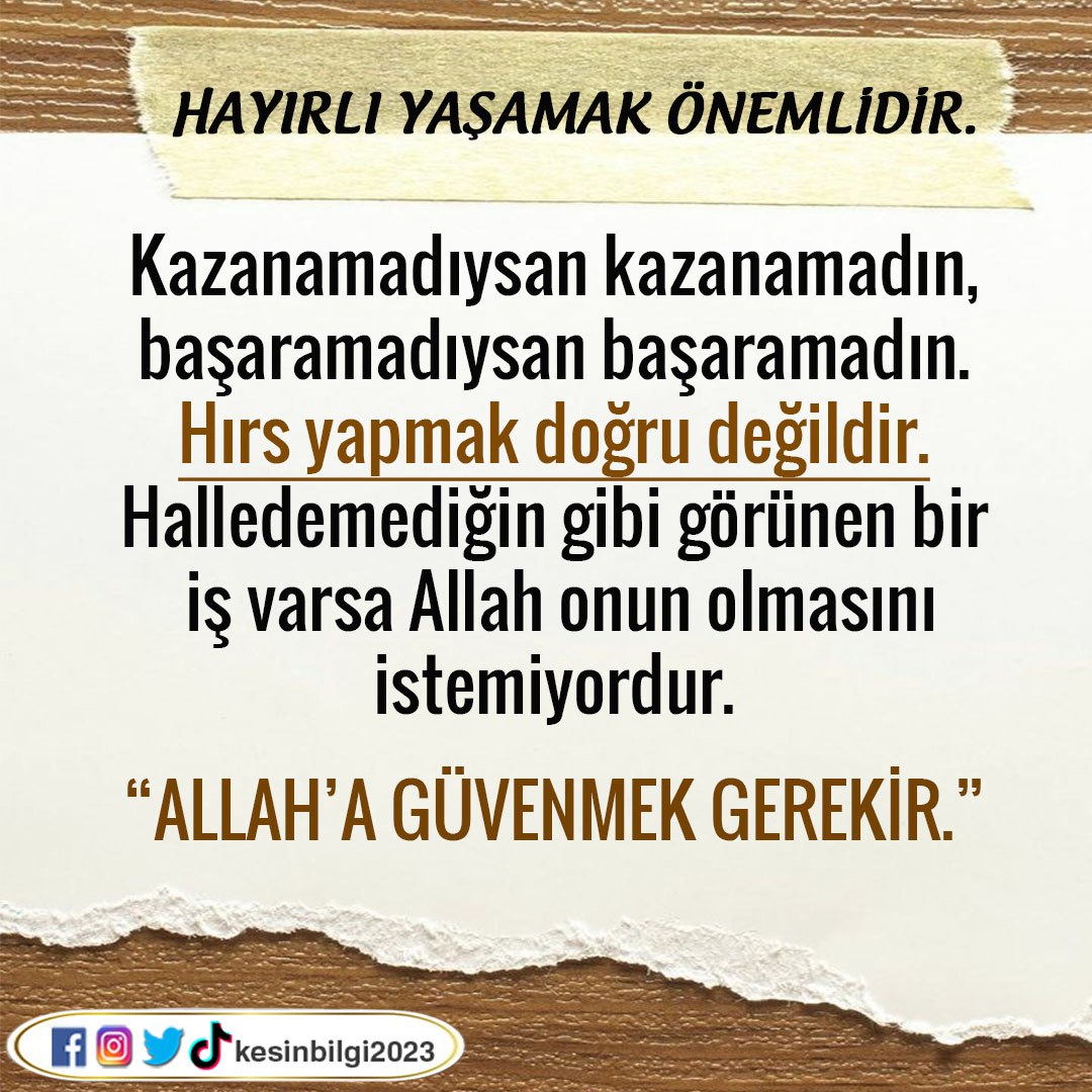 kesinbilgi2023's tweet photo. Hayırlı yaşamak önemlidir. Kazanamadıysan kazanamadın, başaramadıysan başaramadın. Hırs yapmak doğru değildir. Halledemediğin gibi görünen bir iş varsa Allah onun olmasını istemiyordur. Allah'a güvenmek gerekir. https://t.co/RW3puIW0Mn