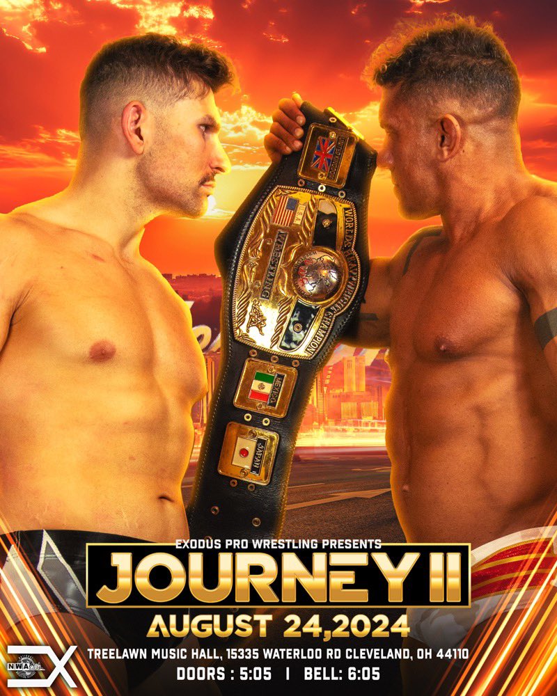 ExoProWrestling's tweet photo. 🚨THIS SATURDAY🚨
@therealec3 v. @MostMarketable for the NWA World’s Heavyweight Championship LIVE on the official NWA YouTube Channel.
@nwa Exodus Pro returns to Cleveland for our BIGGEST SHOW YET “Journey II” Saturday 8/24/24. Tickets available now, link in bio!
🎟️➡️ https://t.co/qzjLQ82UFC
#nwa #wwe #aew #cleveland #wrestling #youtube #ohio #tna #roh