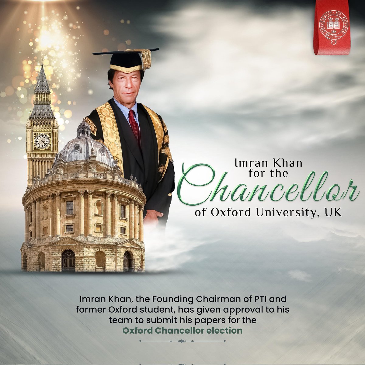 PTIofficial's tweet photo. Pakistan's national hero and Former Prime Minister Imran Khan, founder and chairman of Pakistan’s biggest political party PTI, a cricketing legend, a philanthropist and an alumnus of Oxford University, is running for the position of Chancellor of Oxford University, all while being imprisoned. Despite being unlawfully incarcerated for over a year, Khan remains committed to his principles and the causes he champions. Zulfi Bukhari has confirmed that the application has been formally submitted.
@sayedzbukhari
#ReleaseImranKhan