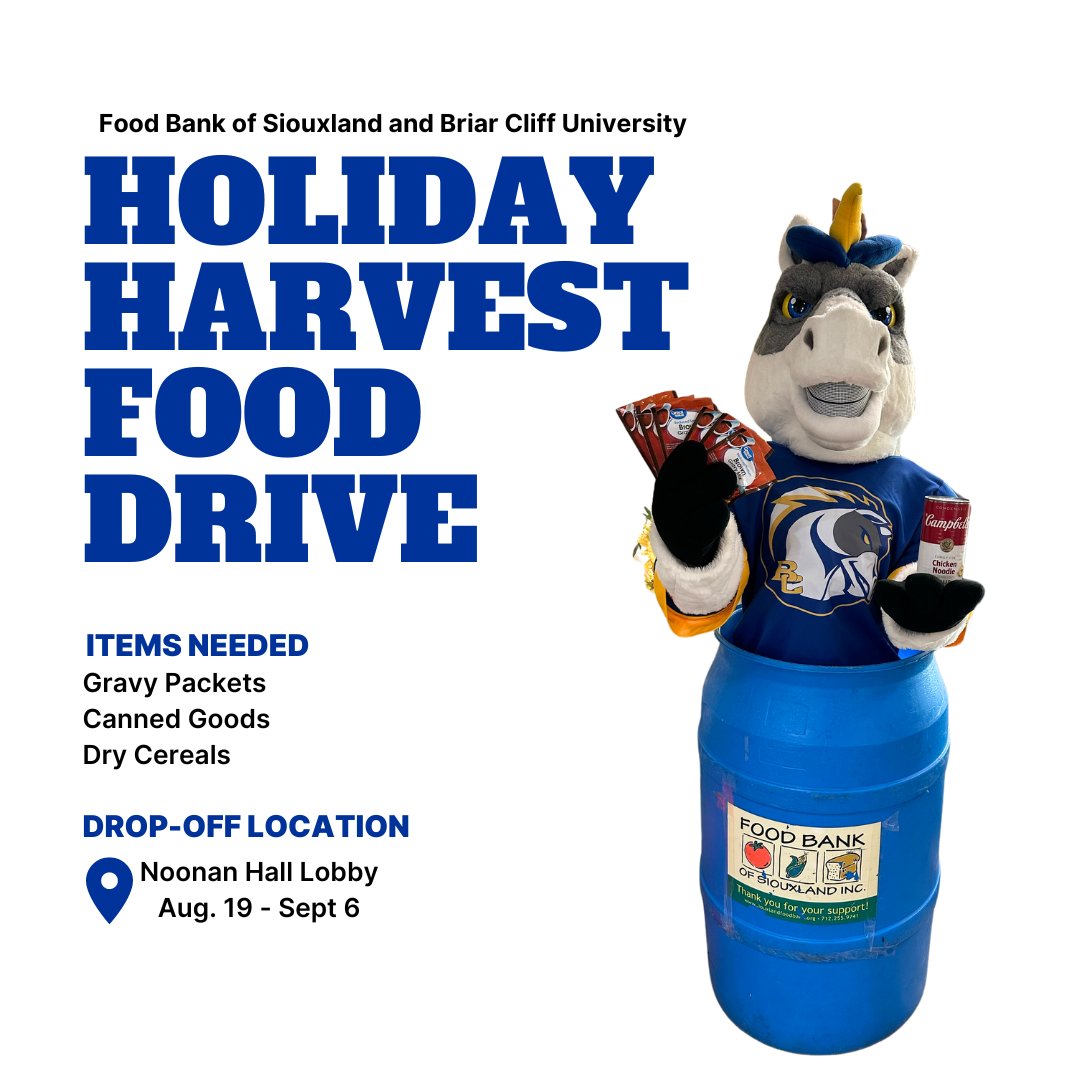 briar_cliff's tweet photo. We're excited to announce a Food Drive with the Food Bank of Siouxland! Alongside Morningside University, we will collect food to provide for the Holiday Harvest. 

Help us earn points by donating canned goods. For every gravy packet donated, we'll earn double points! https://t.co/hmJgDKdQwg