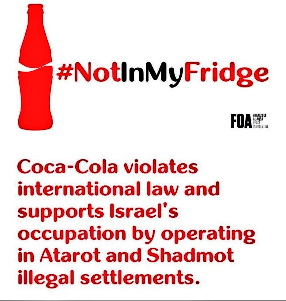 Coca-Cola has a factory in Atarot, an illegal Israeli settlement built on stolen Palestinian land.

Palestinian communities are forcibly removed for illegal Israeli settlements like this to be built.

These settlements are illegal under international law