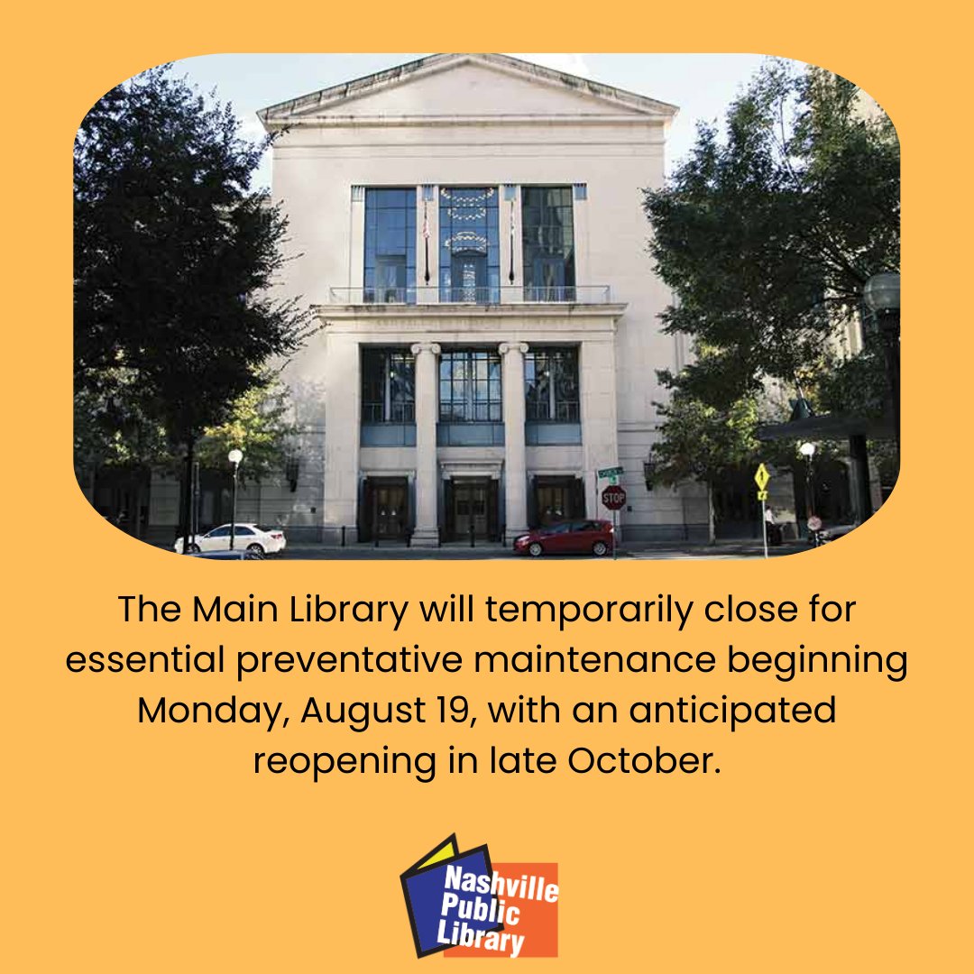 Preventative maintenance will be performed on the building’s heating and cooling system. Our goal is to provide strong customer service during this temporary closure. Please visit library.nashville.org/main-library-c…… for the latest information.