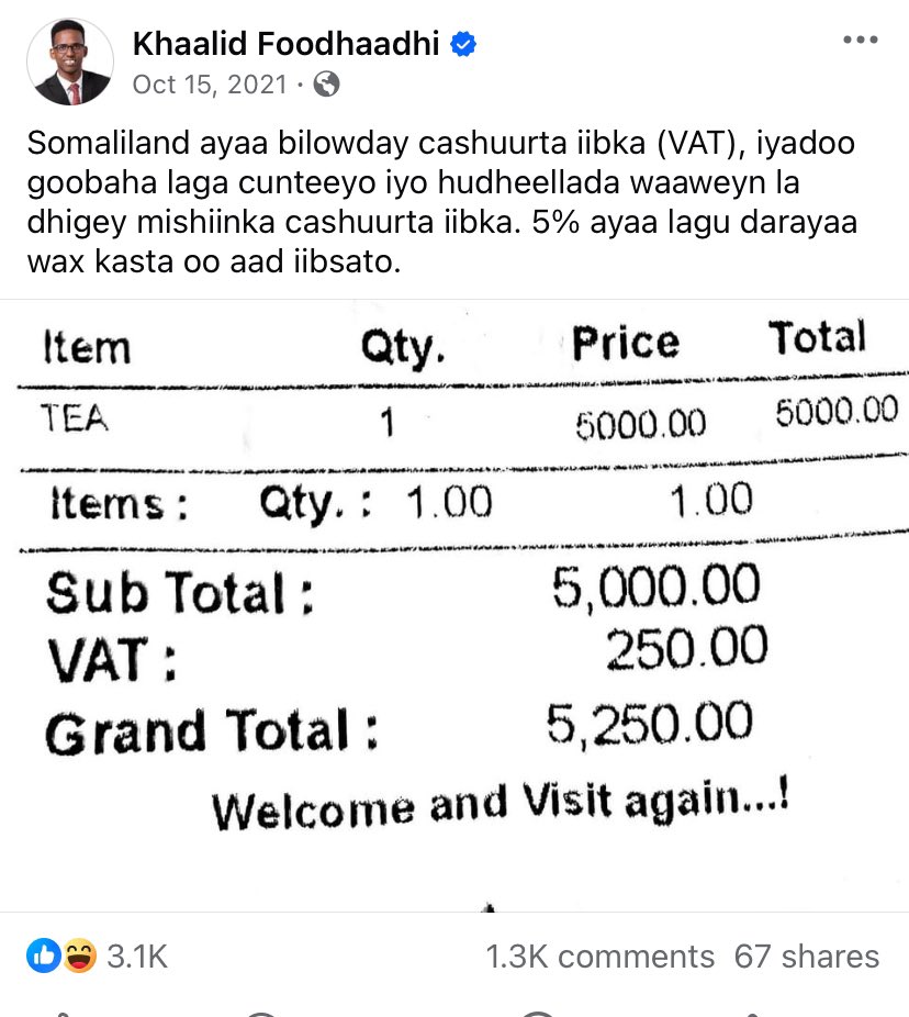 MMIQabyotire's tweet photo. #Somaliland implemented Value Added Tax (VAT) three years ago, while #Somalia introduced it just a week ago, reflecting different stages of economic policy development.
#SomalilandRepublic
#55State
#June1960 https://t.co/WVlvAh4Jxl