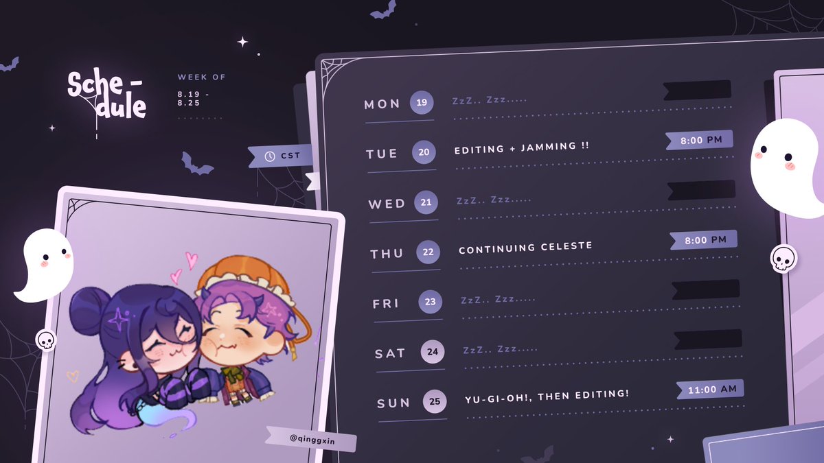🤍📺SCHEDULE📺🤍

Here is my schedule for this week!👻💜

❥Tuesday, let’s jam together while I edit!🎞️
❥Thursday, we will be continuing Celeste!👊🏻
❥Sunday, Yu-Gi-Oh! w/ <a href="/Xerphant/">Xerphant 🐍🦇</a> &amp; then some editing!📼

Have a great week boo🤍