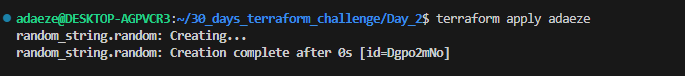 Call_Me_Commy's tweet image. Today is Day 2 of the Terraform 30-day challenge. Already had my Terraform installed and configured. I did a couple of hands-on,one of which was creating a random string.
#30daytfchallenge #HUG #hashicorp #HUGYDE #IaC