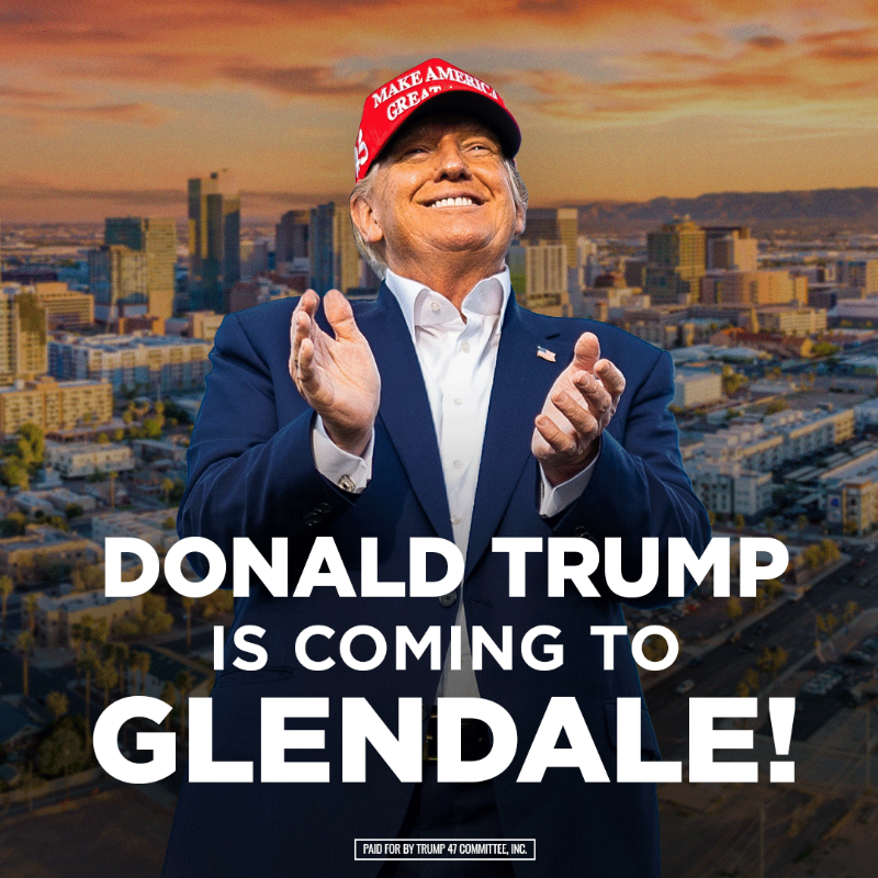 realDonaldTrump's tweet photo. Arizona: Join me in Glendale!

I'll see you Friday, August 23rd — at 4:00PM. Be part of a HISTORIC rally.

Get your tickets before they’re gone – and I’ll see you soon! 🇺🇸