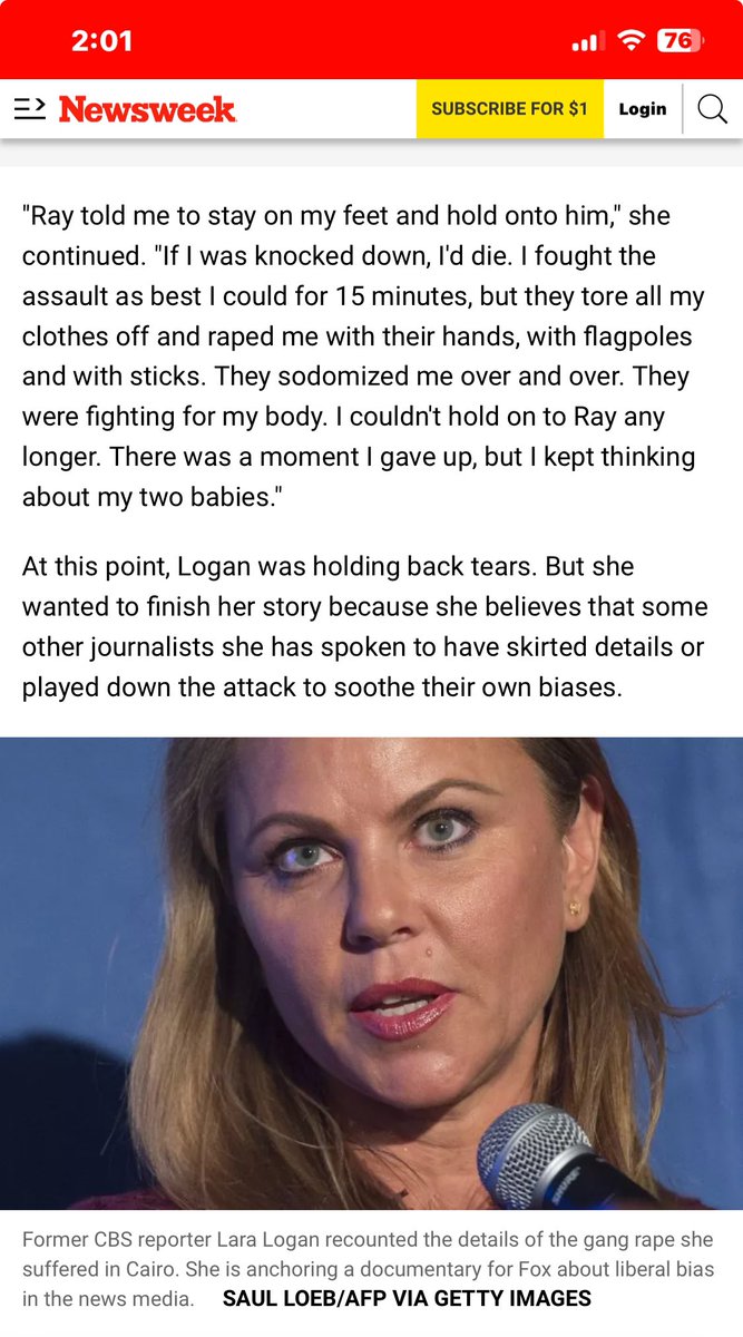 amyalkon's tweet image. This—taharrush—is the horror that that was perpetrated on CBS News reporter Lara Logan in Egypt. No, she wasn’t merely “groped.” This was a horrific gang rape with penetration not only by male body parts but objects. 

In Muslim countries, women are told they must cover up