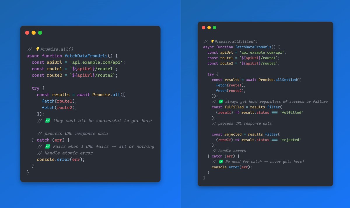 tari_ibaba's tweet image. 💡Promise.all() vs Promise.allSettled() in JavaScript: The little-known difference

Promise.all() -- reject if any Promise fails

Promise.allSettled() -- wait for all Promises to finish no matter what