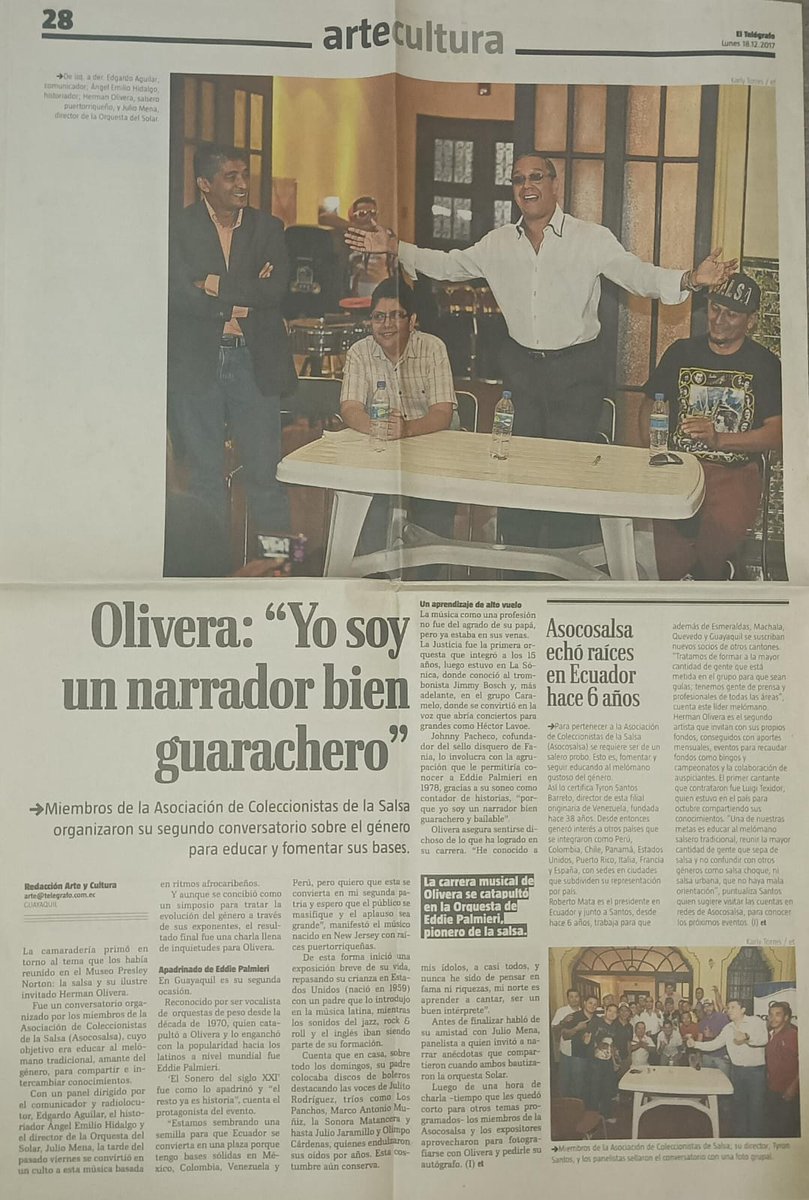 Buen recuerdo:
Era diciembre 2017 y tuve la suerte de compartir foro, en Guayaquil, con  Hermán Olivera, voz principal del "Perfecto" <a href="/EddiePalmieri/">Eddie Palmieri</a> 🎹🐸 y acreditados conocedores de la Salsa con AsocoSalsa Ecuador🇪🇨
.
📰: Diario El Telégrafo.