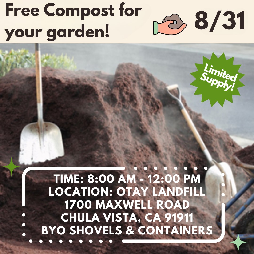 A free compost 🌱 give-away will be held on Saturday, August 31 from 8 a.m. to noon at the Otay Landfill, 1700 Maxwell Road. The event is for #ChulaVista residents only more info here &gt; chulavistaca.gov/departments/cl…