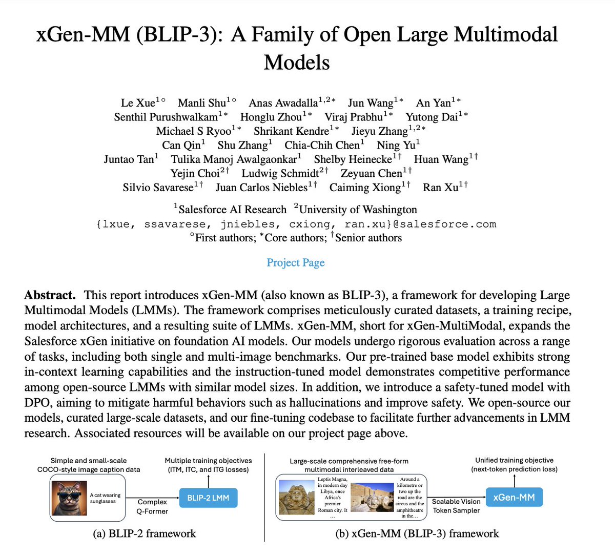 Salesforce presents xGen-MM (BLIP-3)

A Family of Open Large Multimodal Models

discuss: huggingface.co/papers/2408.08…

This report introduces xGen-MM (also known as BLIP-3), a framework for developing Large Multimodal Models (LMMs). The framework comprises meticulously curated