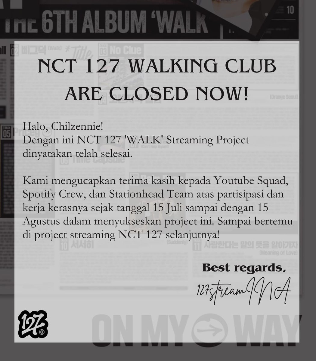 127streamINA's tweet photo. 👟 CLOSING STATEMENT 'WALK' STREAMING PROJECT👟

Kami 127streamINA, mengucapkan terima kasih sebanyak-banyaknya kepada seluruh NCTzen127 yang telah berpartisipasi dalam project ini. Berikut ini adalah laporan kami.

#NCT127_WALK #NCT127 https://t.co/j1O2cZMbza
