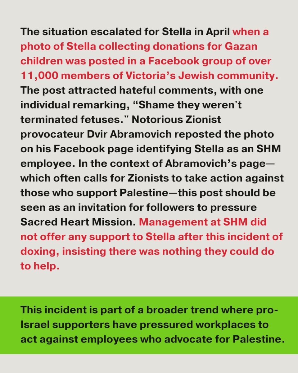 MEDIA RELEASE! 
Jewish support worker sacked by <a href="/ScdHrtMission/">Sacred Heart Mission ❤️</a> for her pro Palestine Solidarity at work. 

1/3